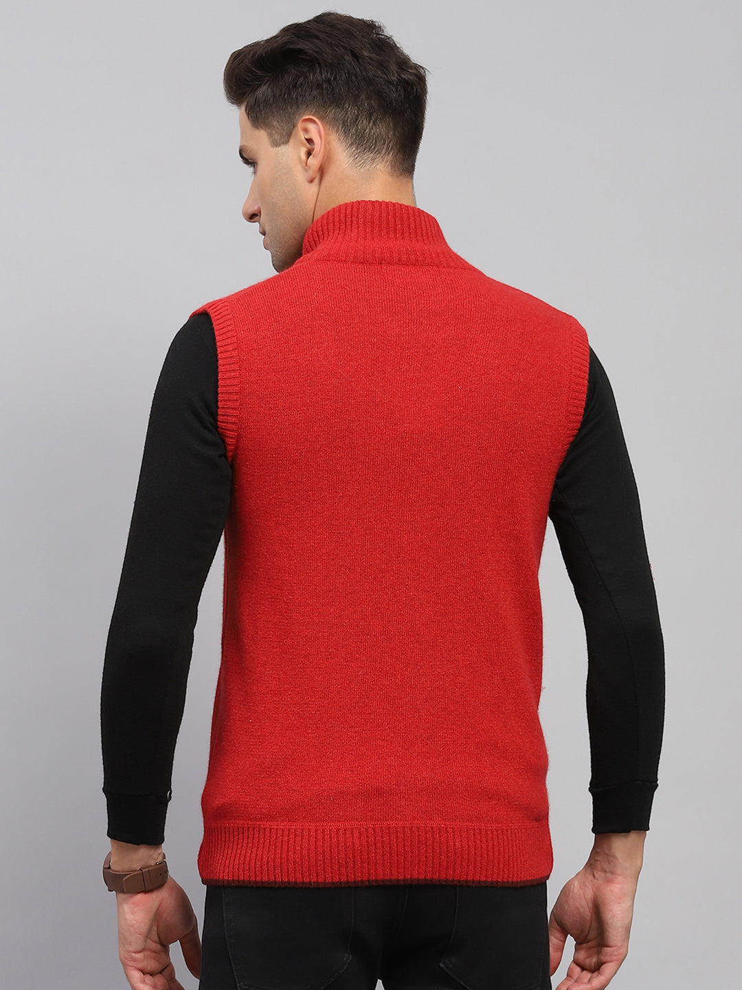 Men Maroon Solid High Neck Sleeveless Sweater