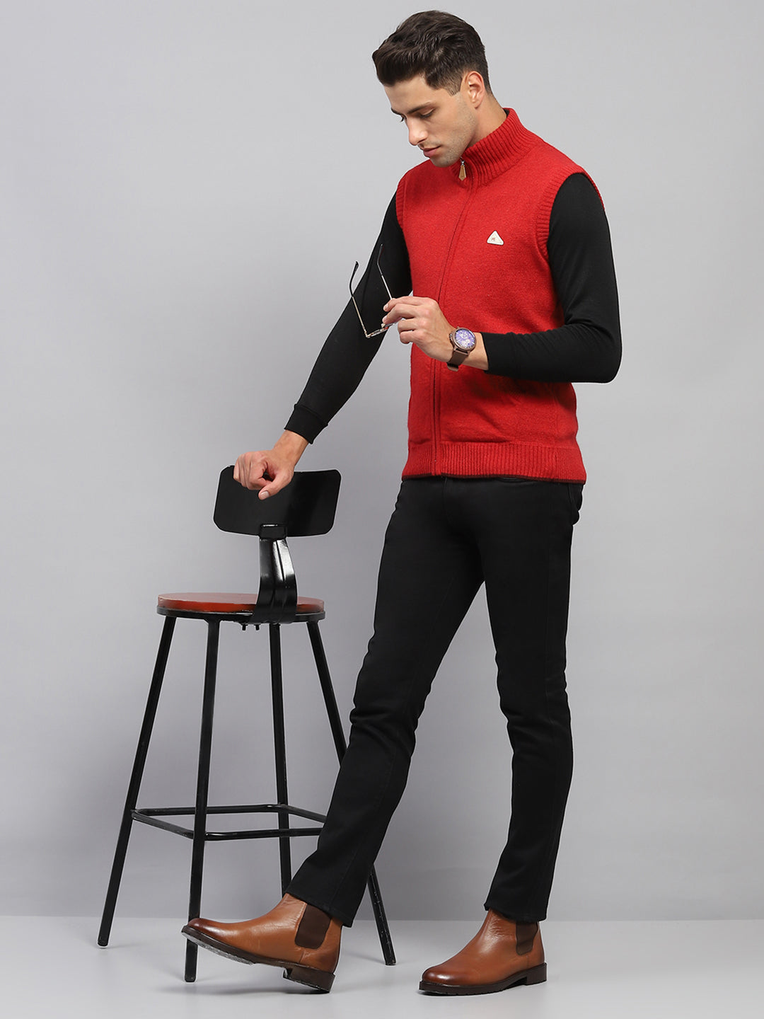 Men Maroon Solid High Neck Sleeveless Sweater