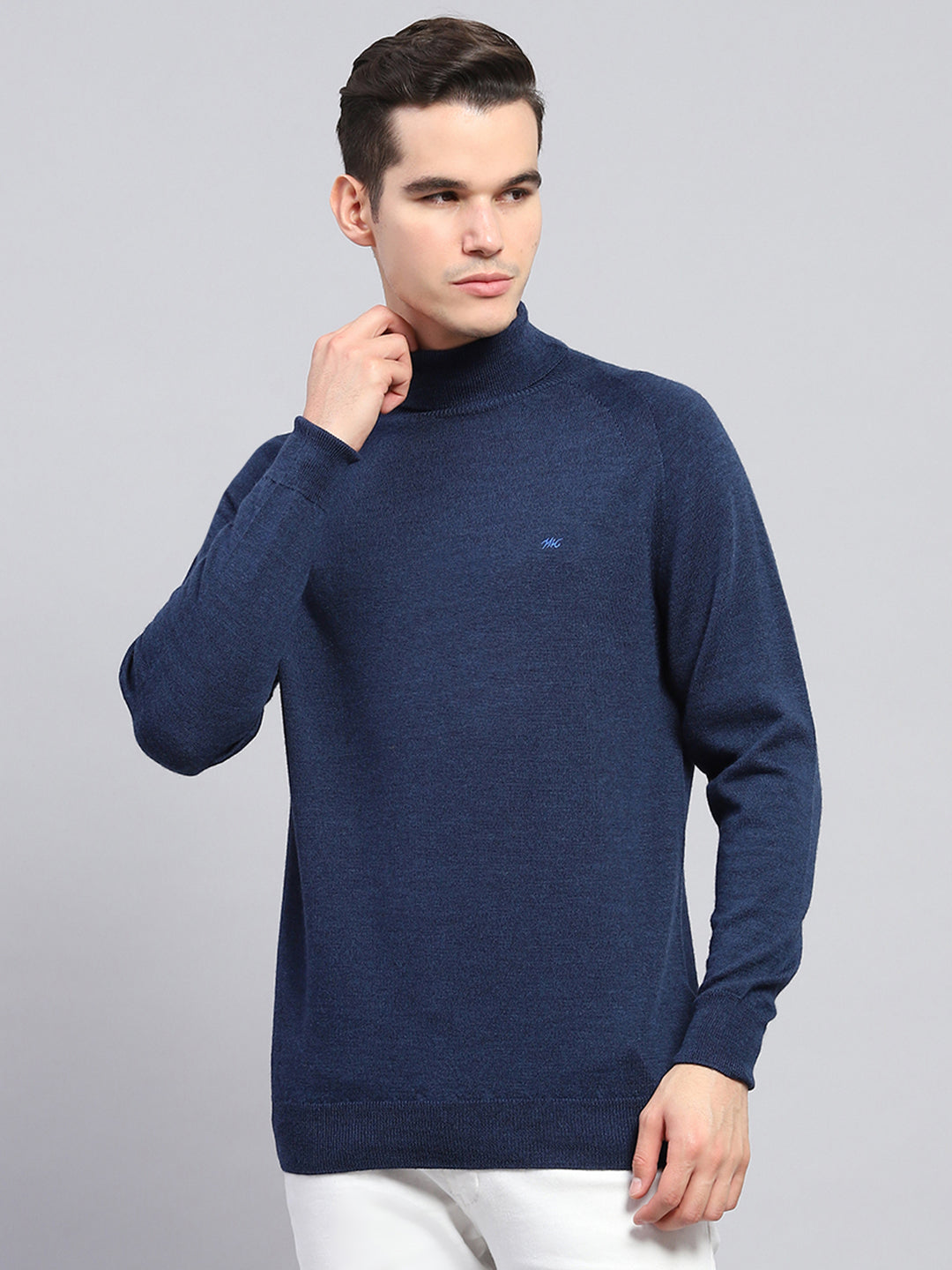 Men Navy Blue Solid Turtle Neck Full Sleeve Pullover