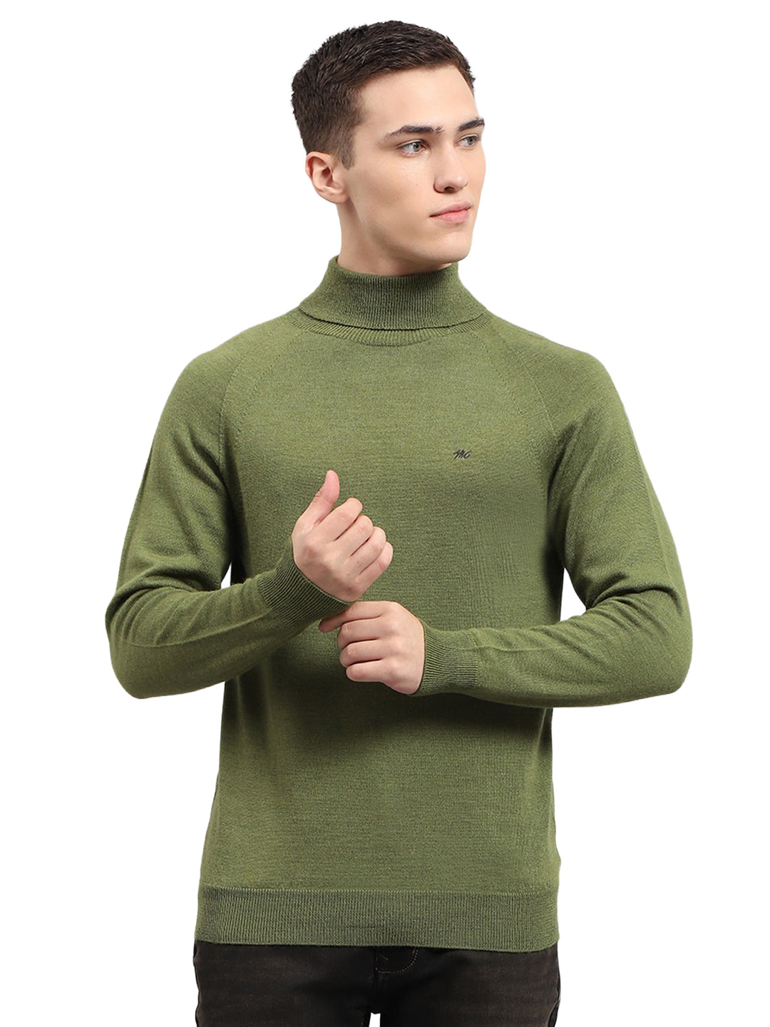 Men Green Solid High Neck Full Sleeve Pullover