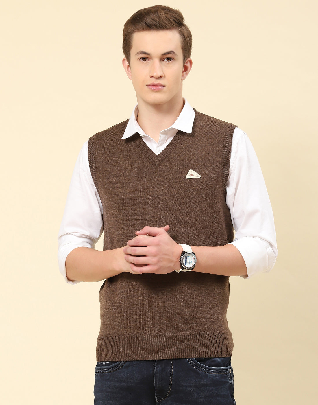 Men Brown Solid V Neck Sleeveless Sweater