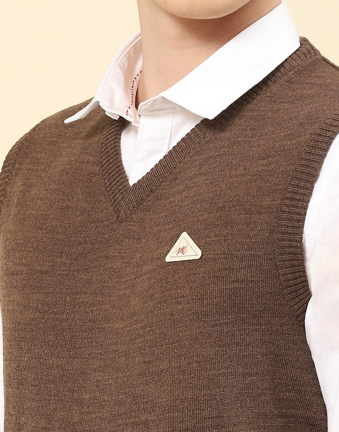 Men Brown Solid V Neck Sleeveless Sweater