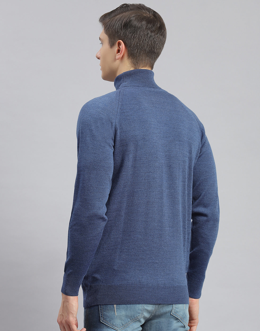 Men Teal Blue Solid High Neck Full Sleeve Pullover