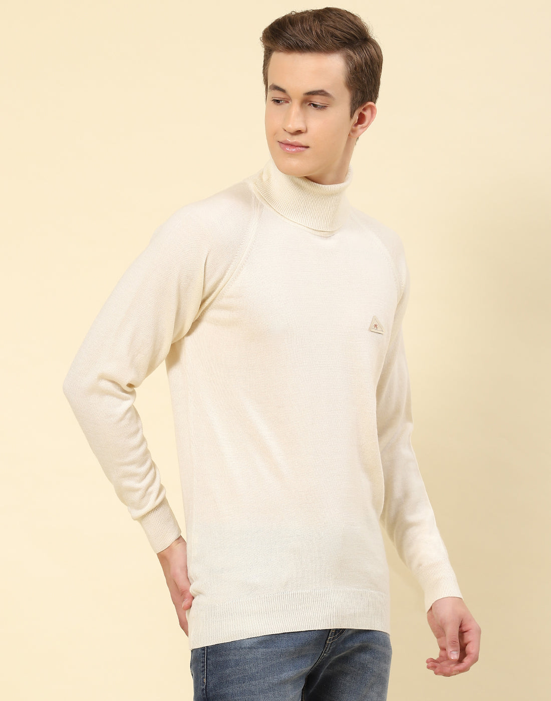Men Cream Solid High Neck Full Sleeve Pullover