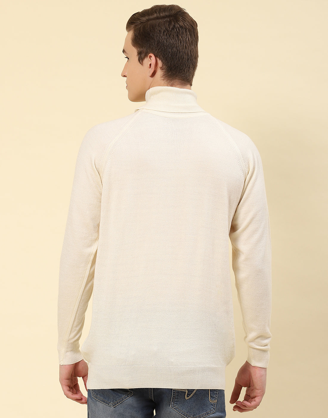 Men Cream Solid High Neck Full Sleeve Pullover