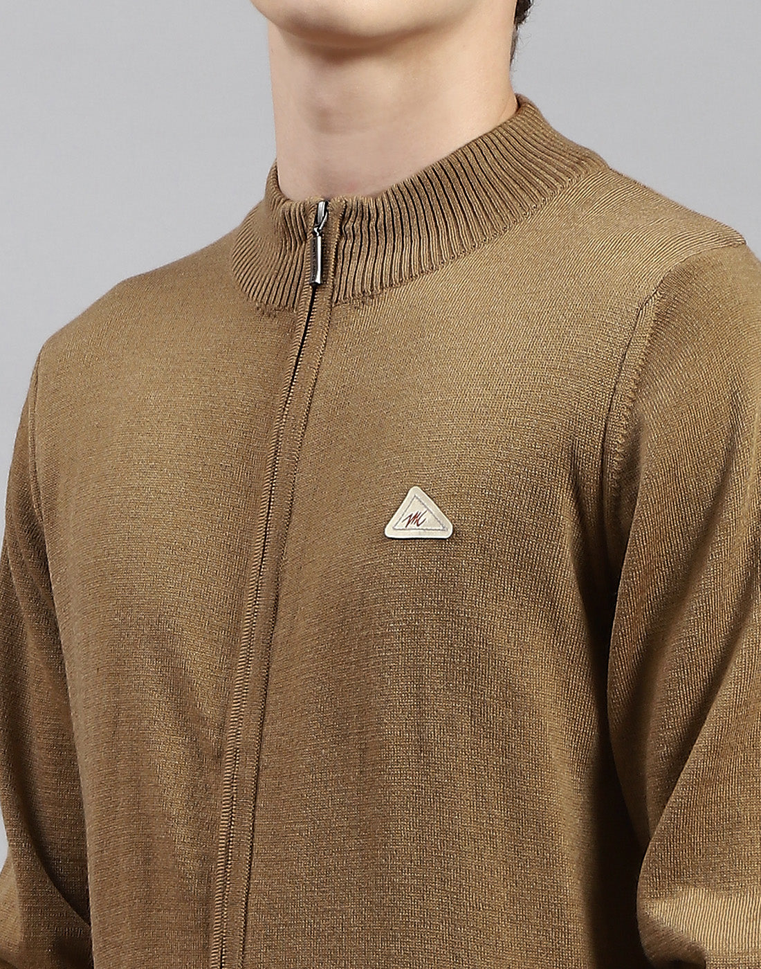 Men Brown Solid Stand Collar Full Sleeve Pullover