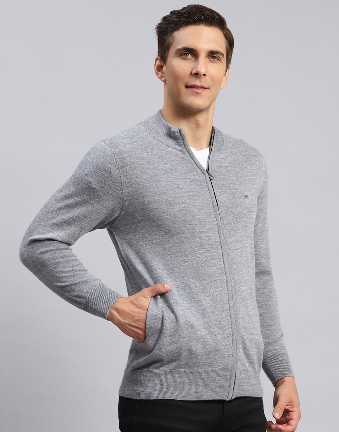 Men Grey Solid Stand Collar Full Sleeve Pullover