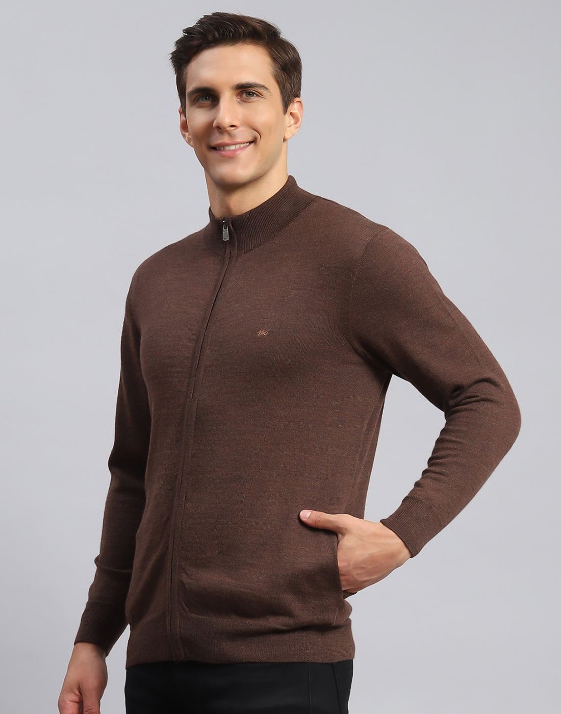 Men Brown Solid Stand Collar Full Sleeve Pullover