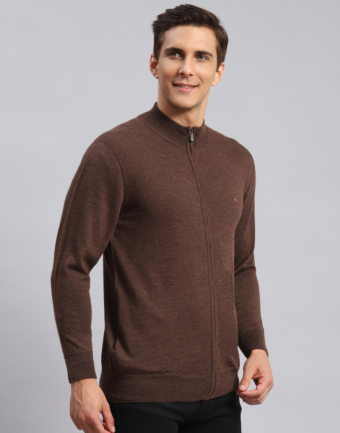 Men Brown Solid Stand Collar Full Sleeve Pullover