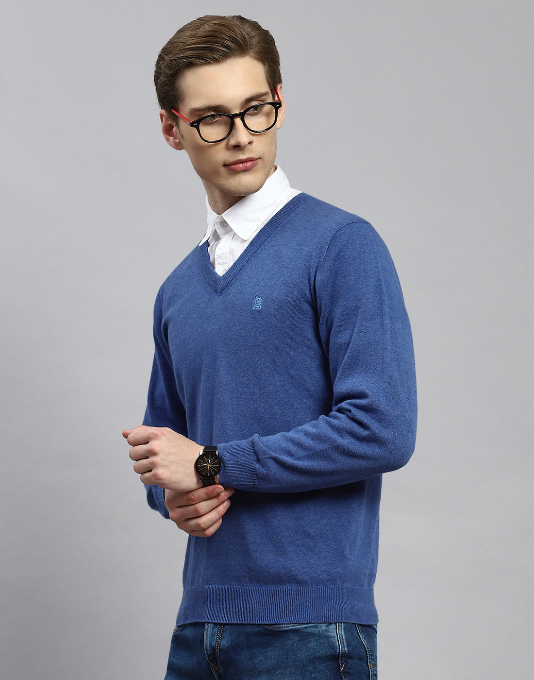 Men Blue Solid V Neck Full Sleeve Pullover