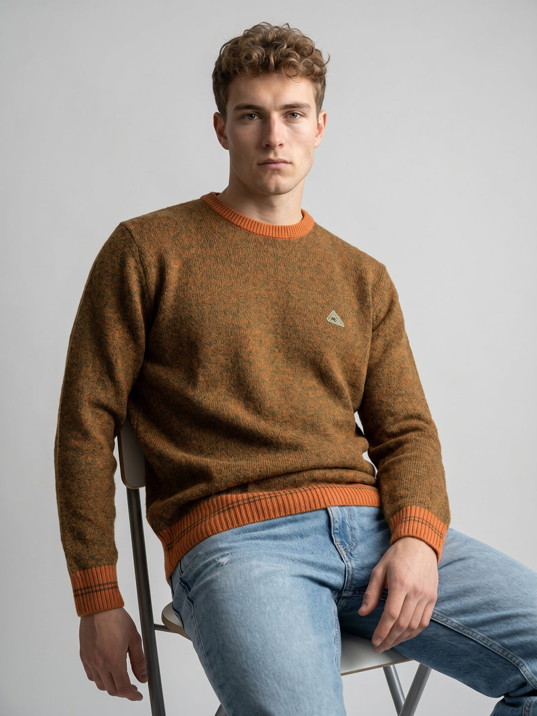 Men Orange Marled V Neck Full Sleeve Pullover