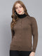 Women Brown Solid Round Neck Full Sleeve Cardigan