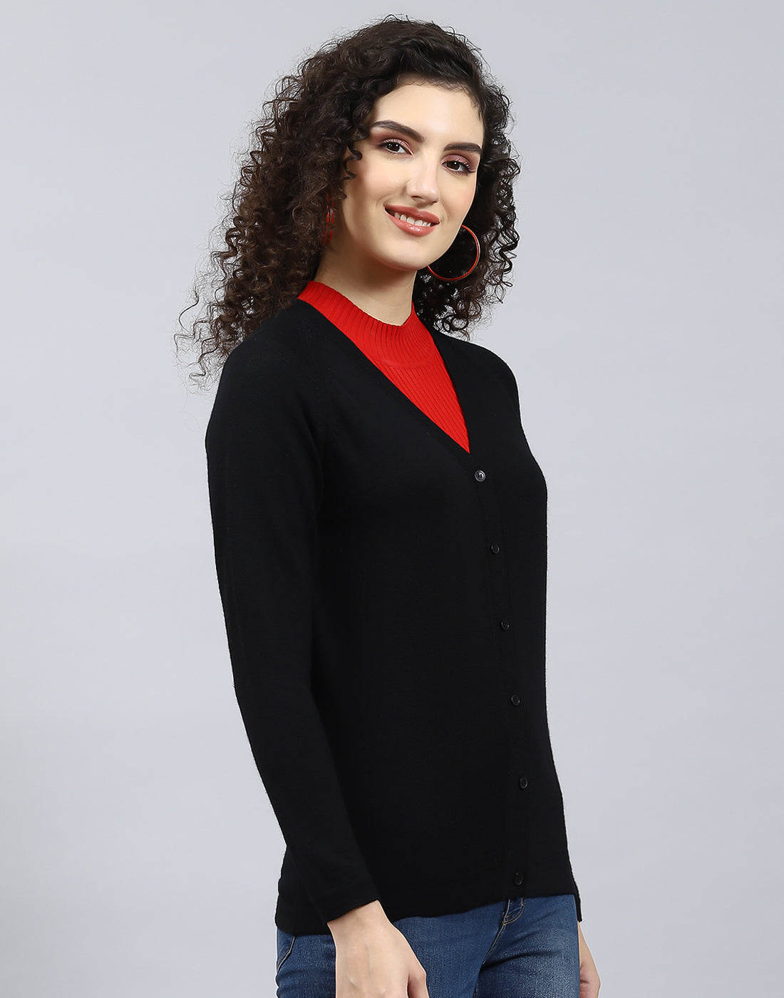 Women Black Solid V Neck Full Sleeve Cardigan