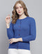 Women Blue Solid Round Neck Full Sleeve Cardigan