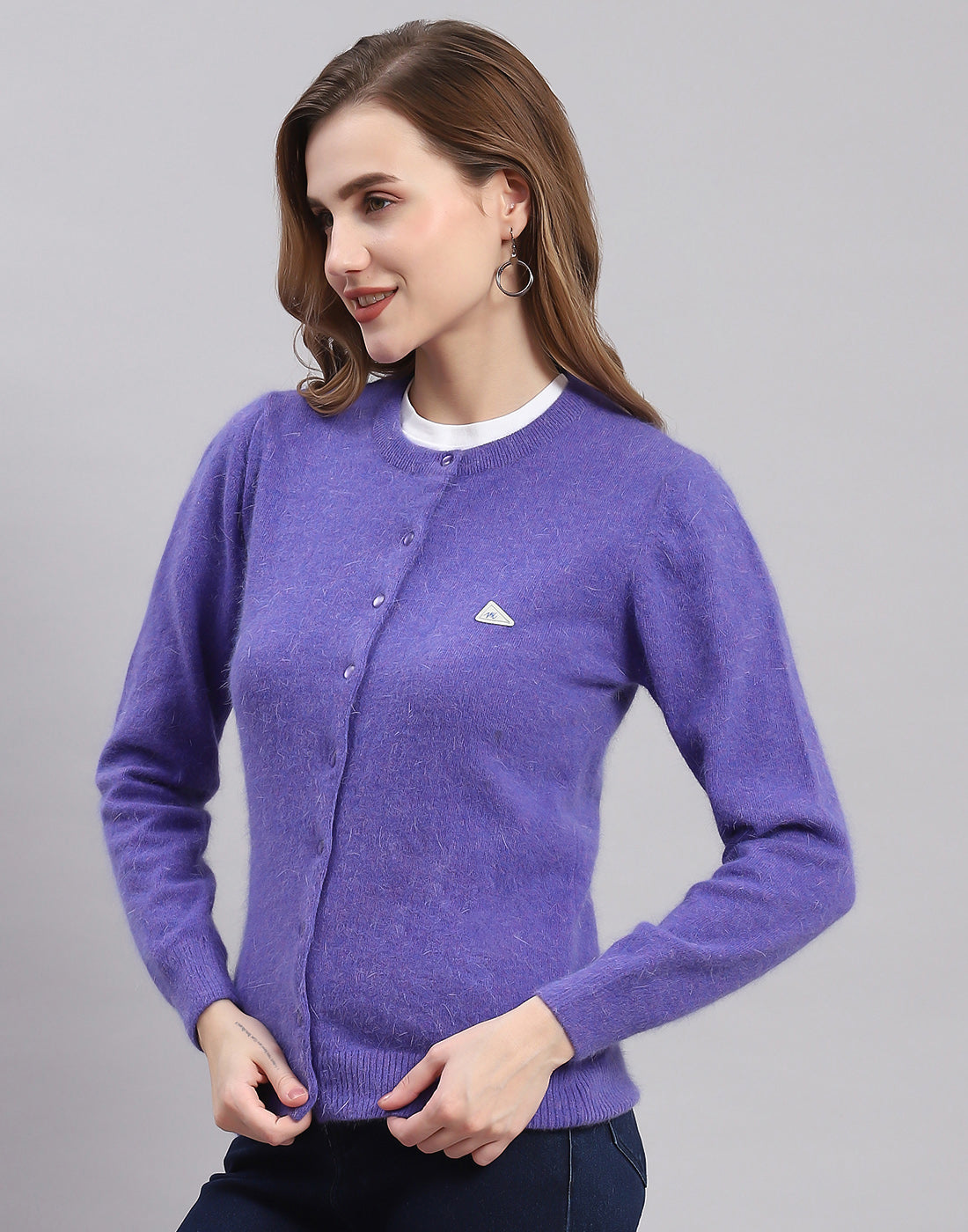 Women Purple Solid Round Neck Full Sleeve Cardigan