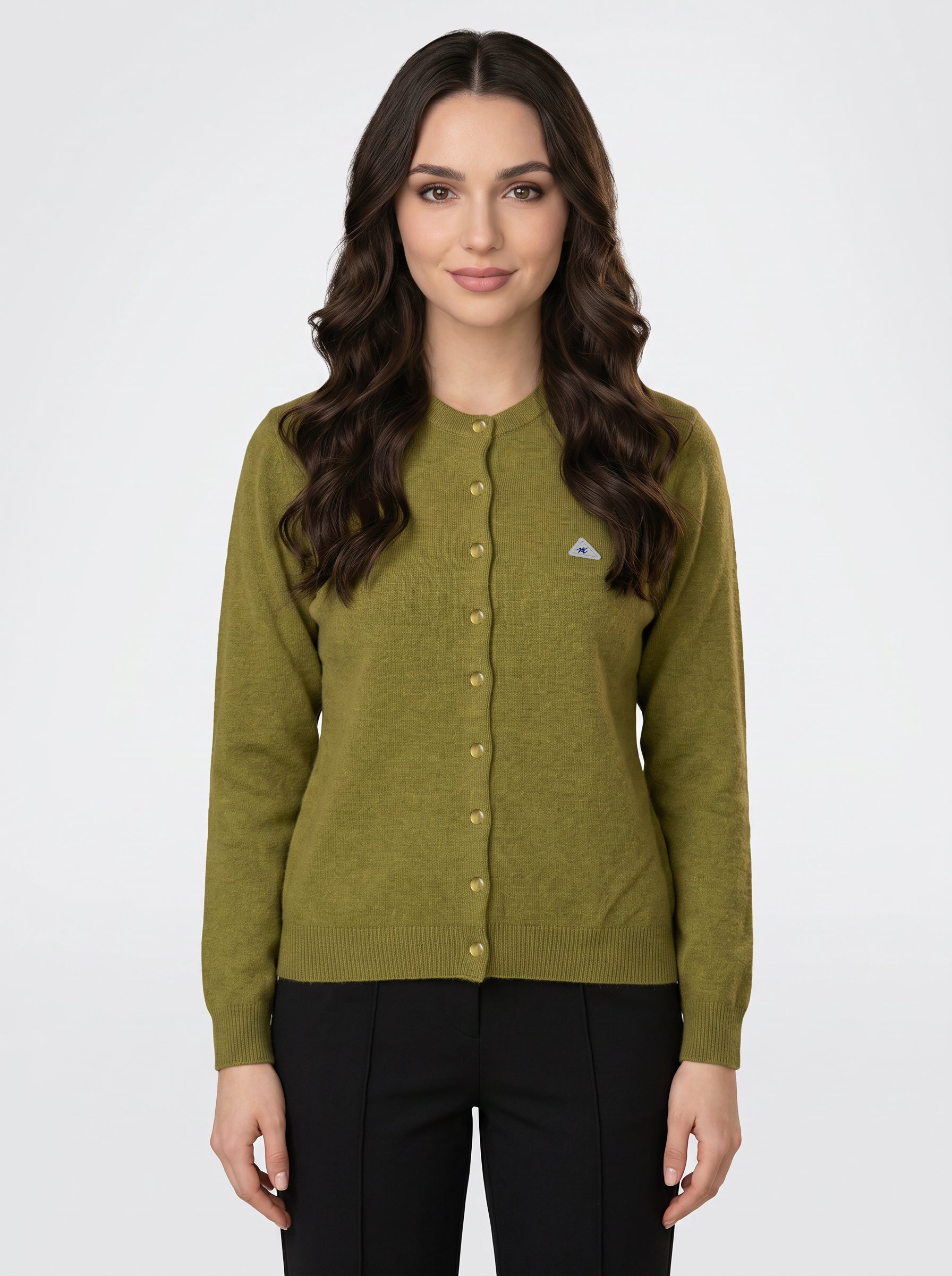Women Green Solid Round Neck Full Sleeve Cardigan