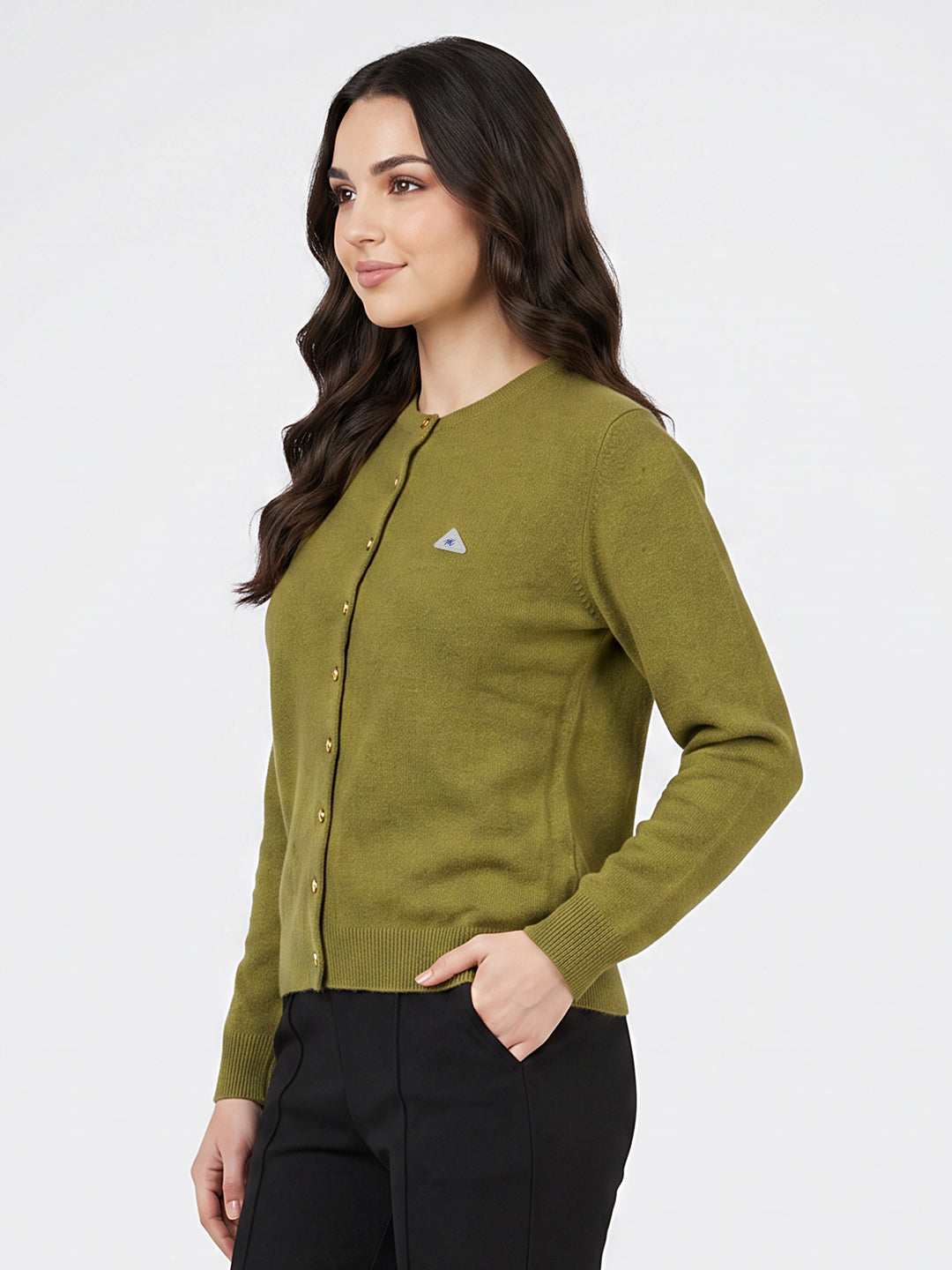 Women Green Solid Round Neck Full Sleeve Cardigan