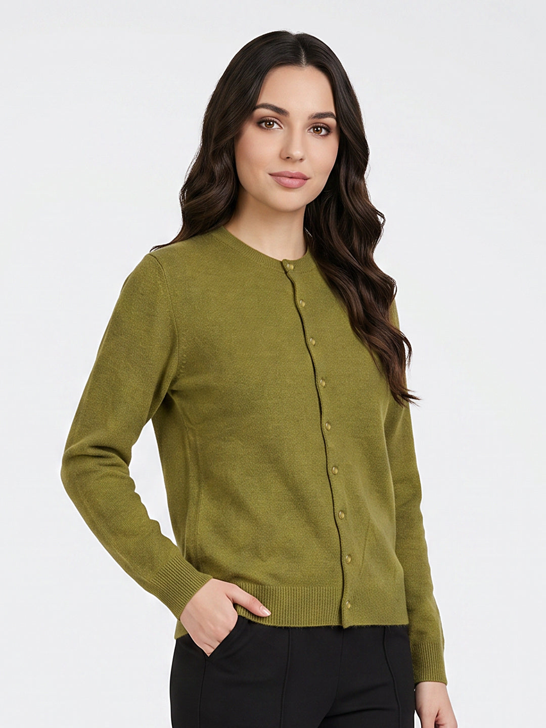 Women Green Solid Round Neck Full Sleeve Cardigan
