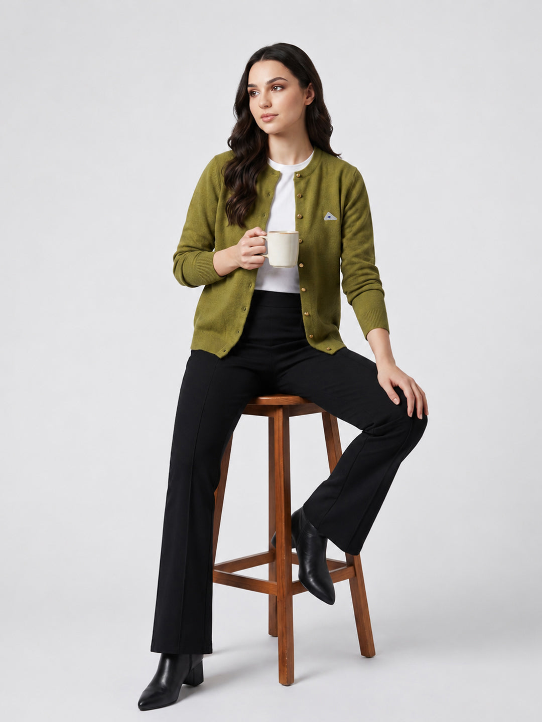 Women Green Solid Round Neck Full Sleeve Cardigan