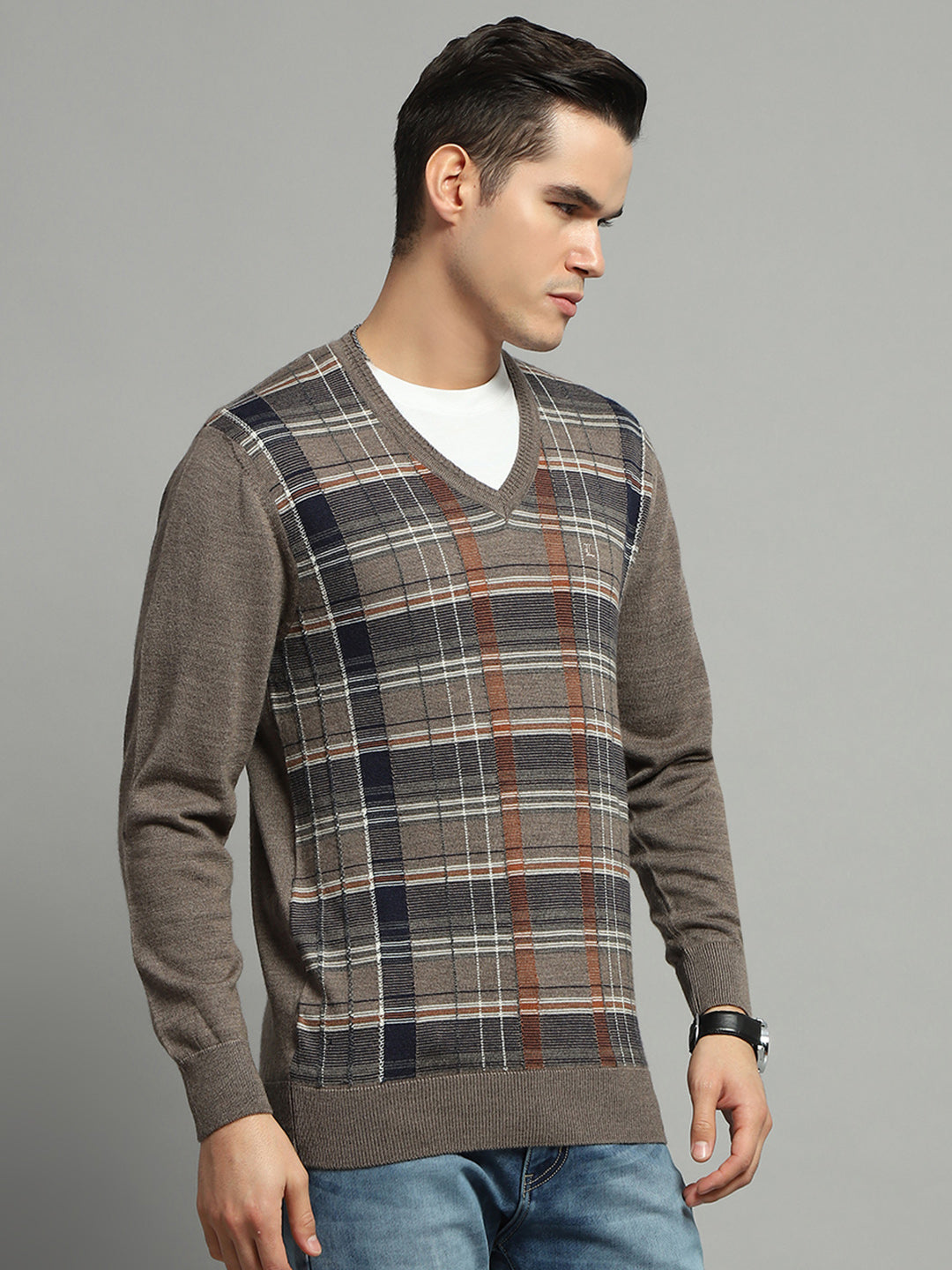 Luxuria Men Grey Check V Neck Full Sleeve Pullover