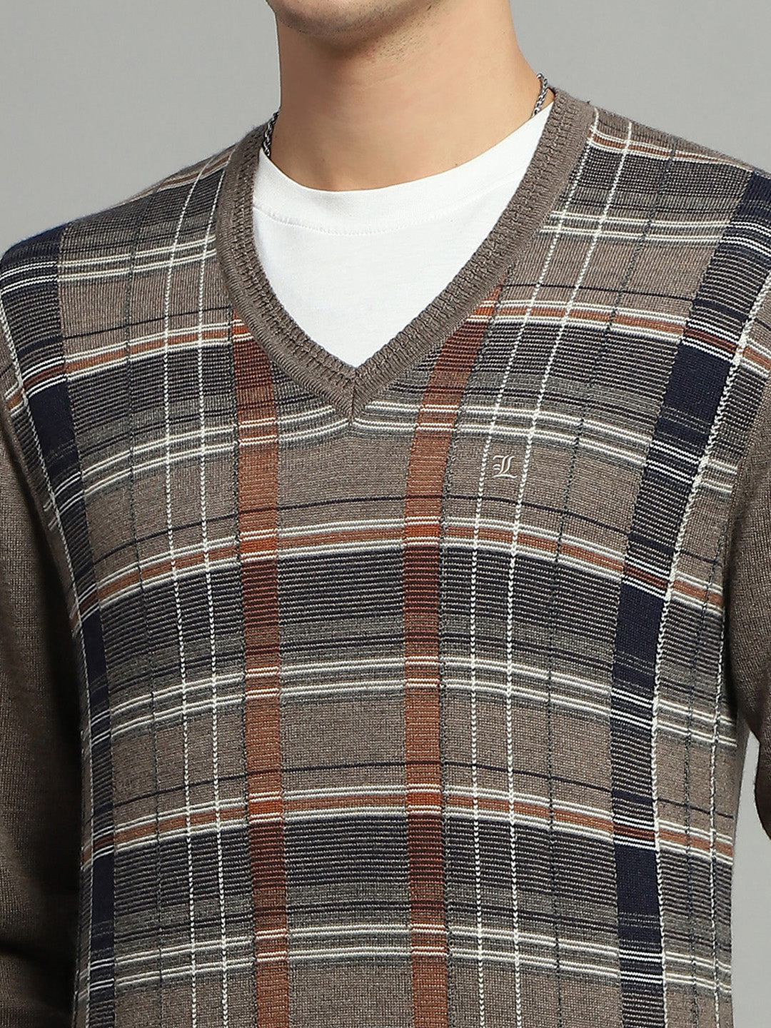 Luxuria Men Grey Check V Neck Full Sleeve Pullover