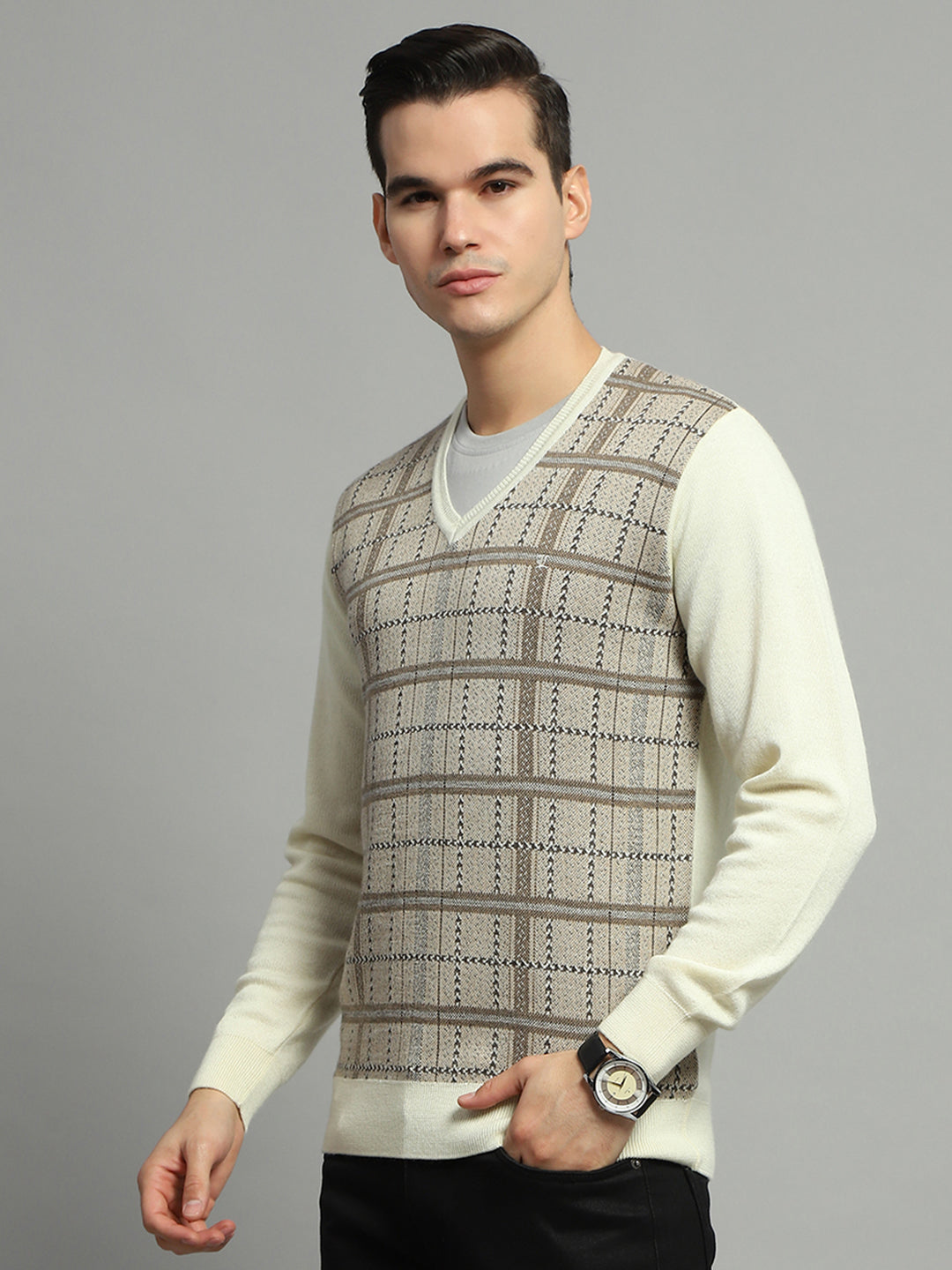 Luxuria Men Cream Check V Neck Full Sleeve Pullover