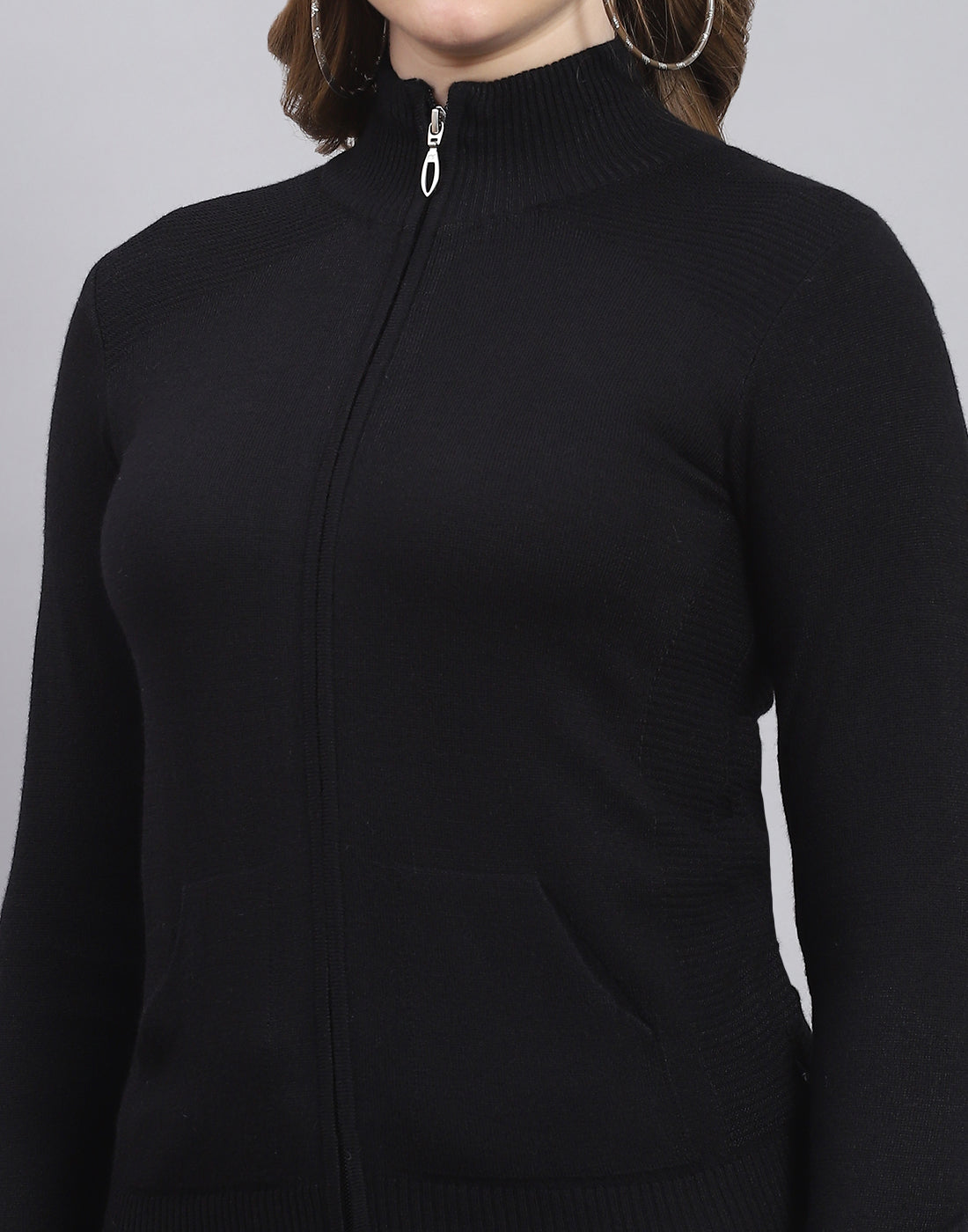 Women Black Solid Stand Collar Full Sleeve Cardigan