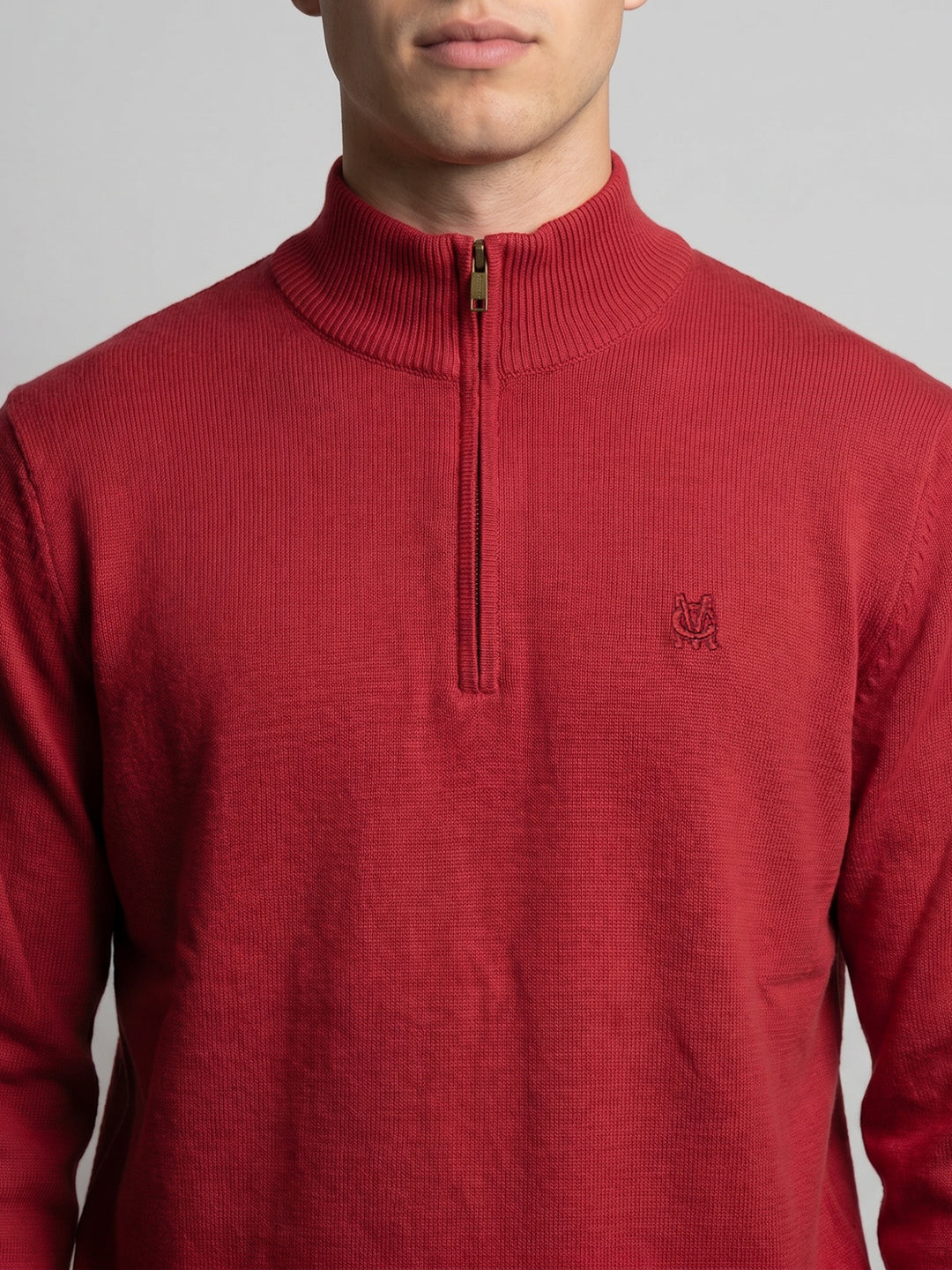 Men Red Solid High Neck Full Sleeve Pullover