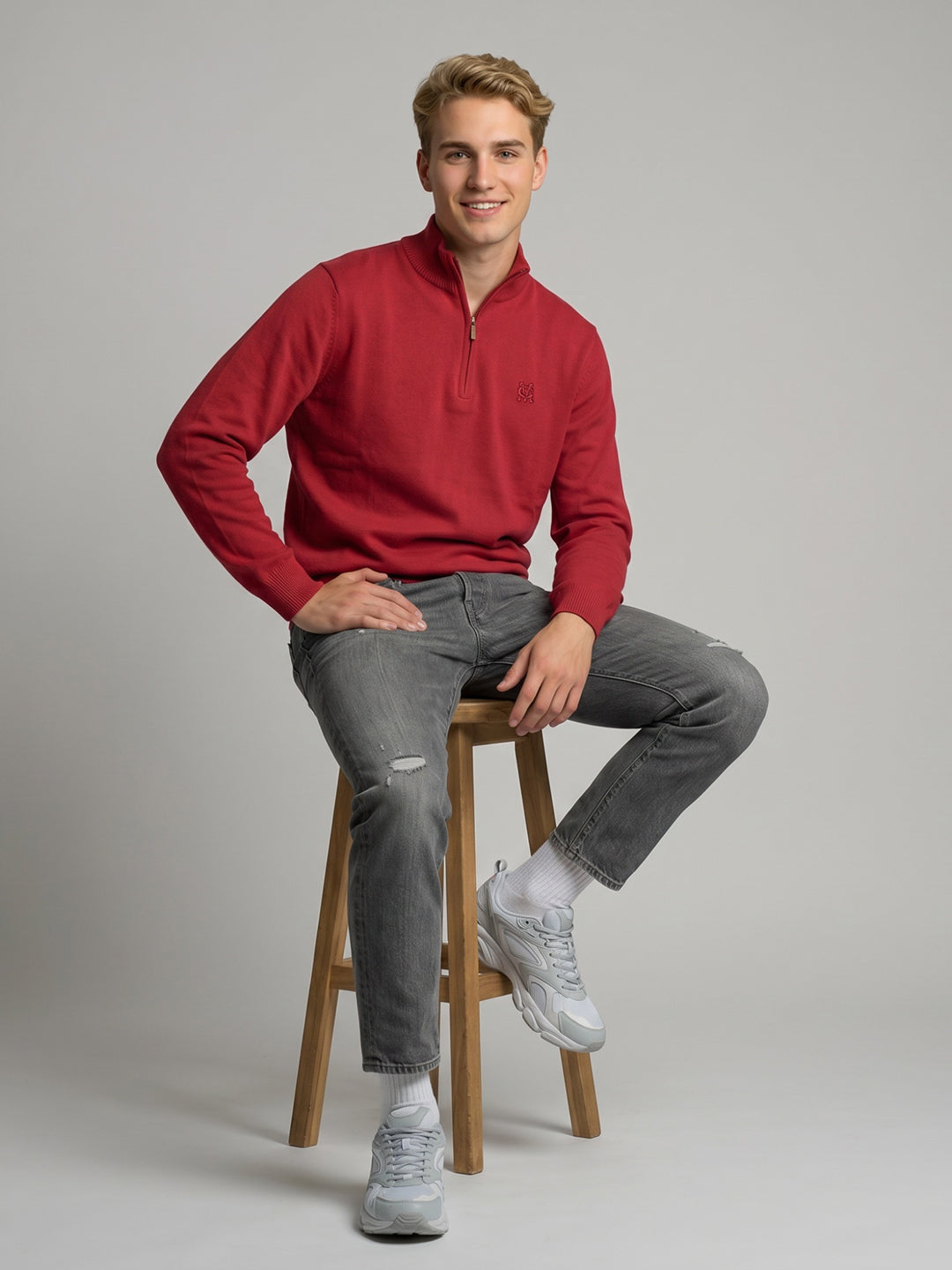 Men Red Solid High Neck Full Sleeve Pullover