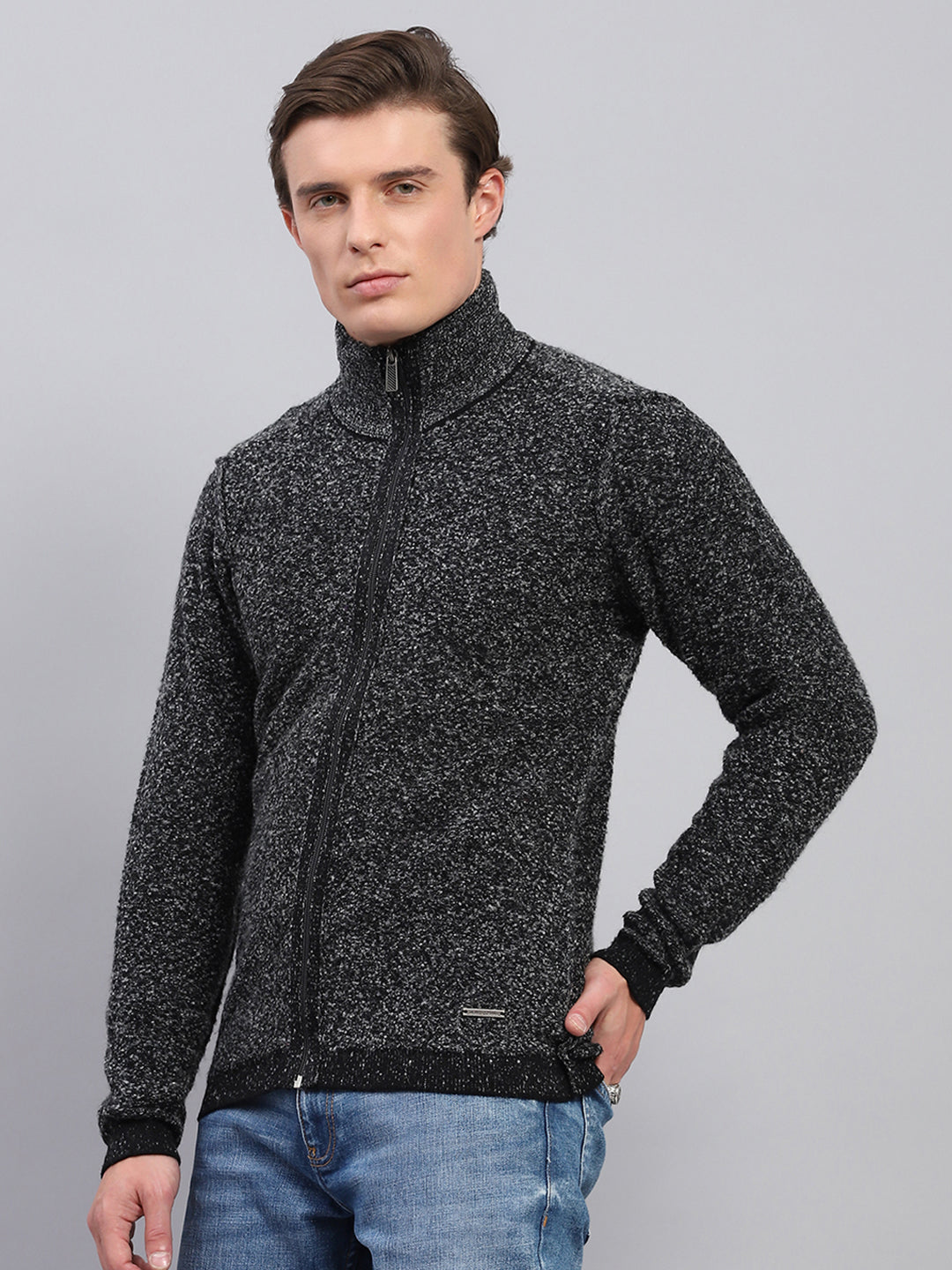 Men Black Self Design High Neck Full Sleeve Pullover