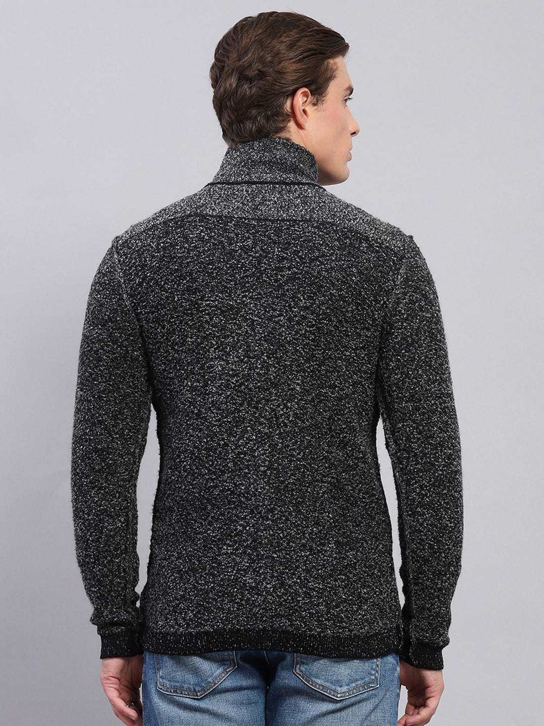 Men Black Self Design High Neck Full Sleeve Pullover