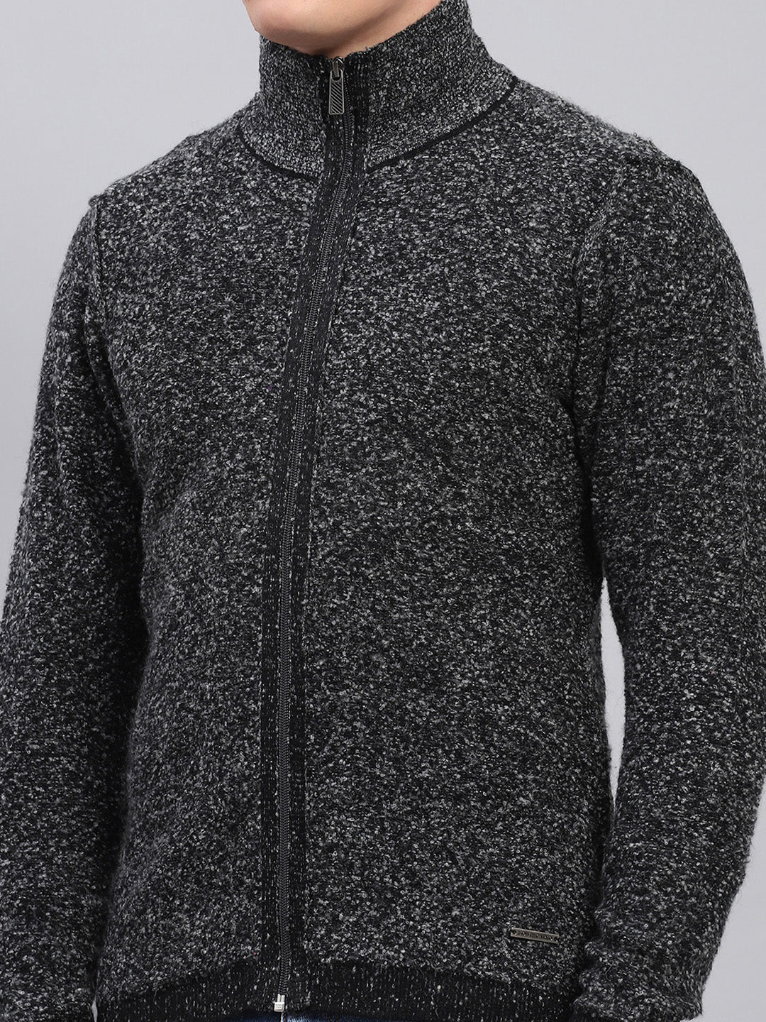 Men Black Self Design High Neck Full Sleeve Pullover