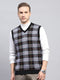 Men Black Check V Neck Sleeveless Sweater