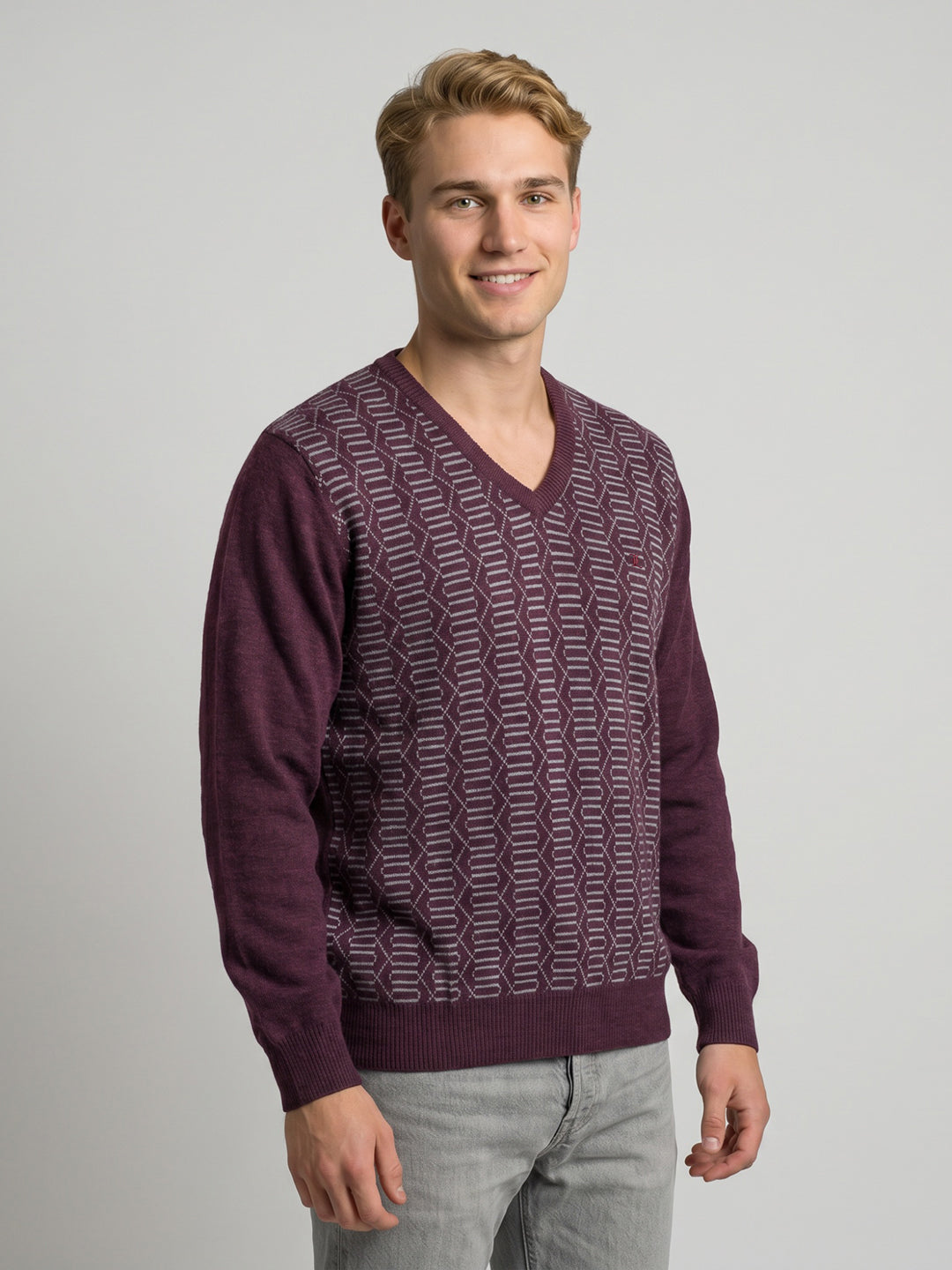 Luxuria Men Purple Jacquard V Neck Full Sleeve Pullover