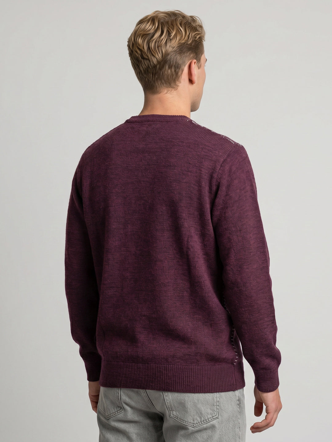 Luxuria Men Purple Jacquard V Neck Full Sleeve Pullover