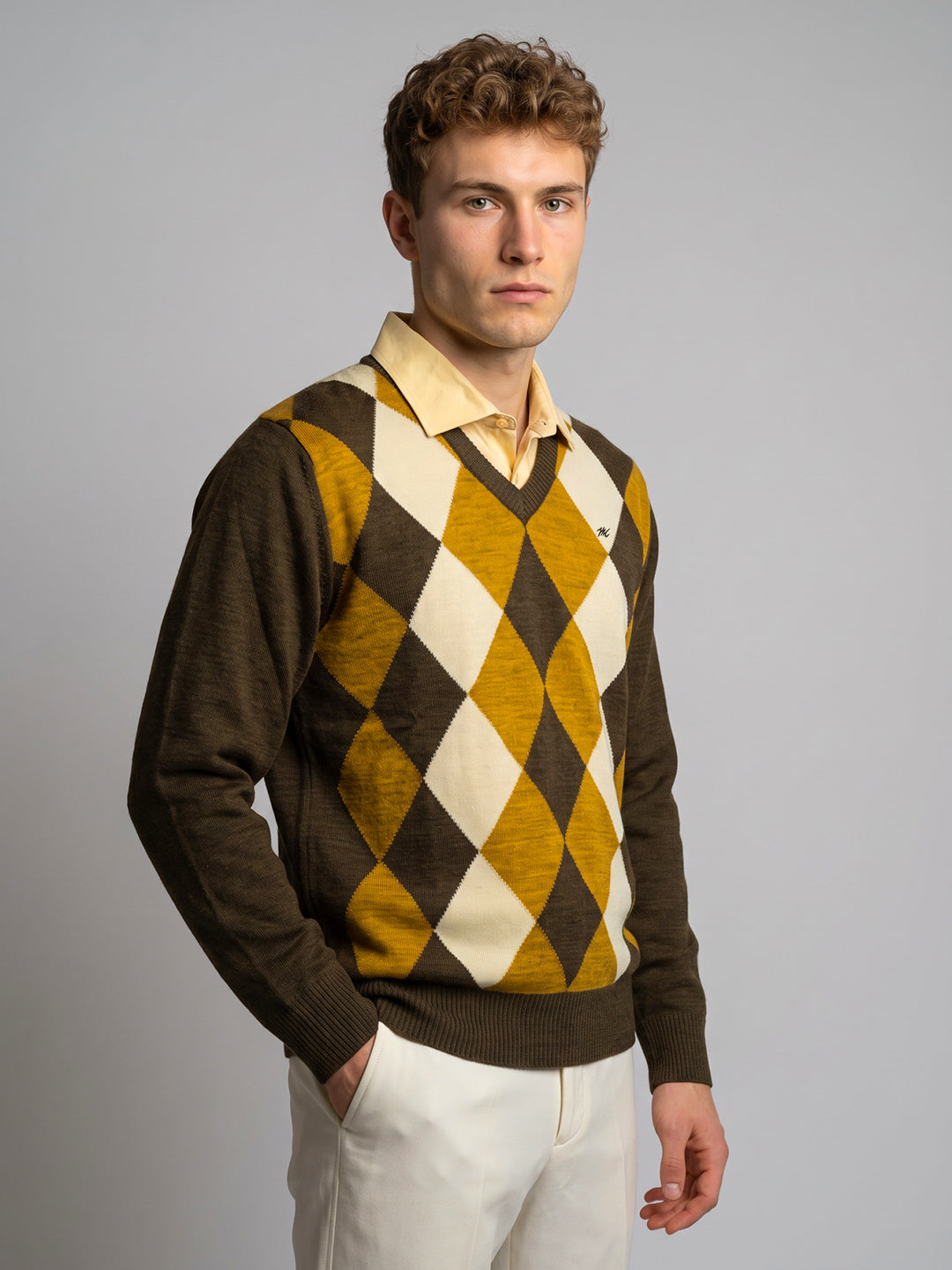 Men Brown Self Design V Neck Full Sleeve Pullover