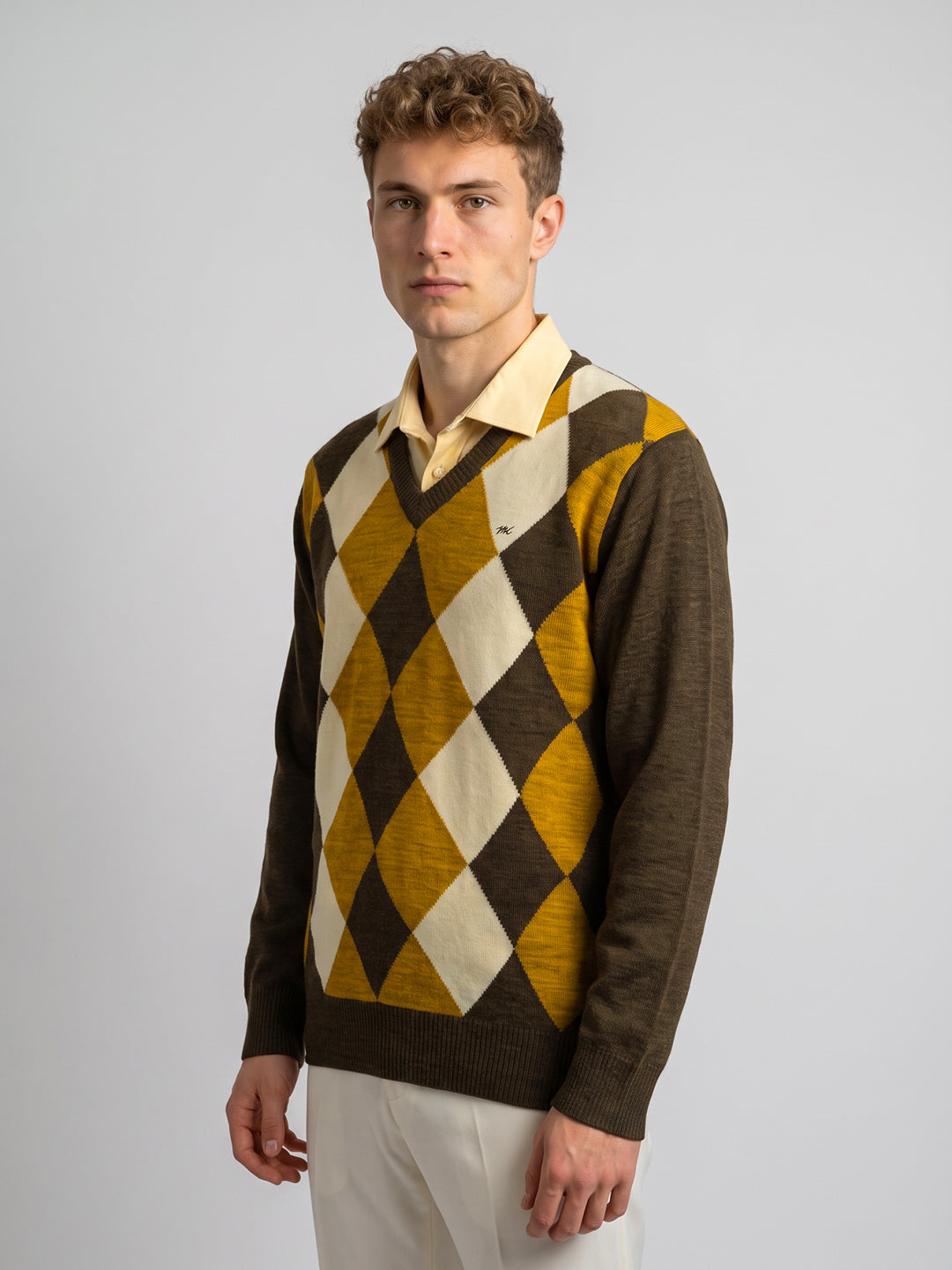Men Brown Self Design V Neck Full Sleeve Pullover