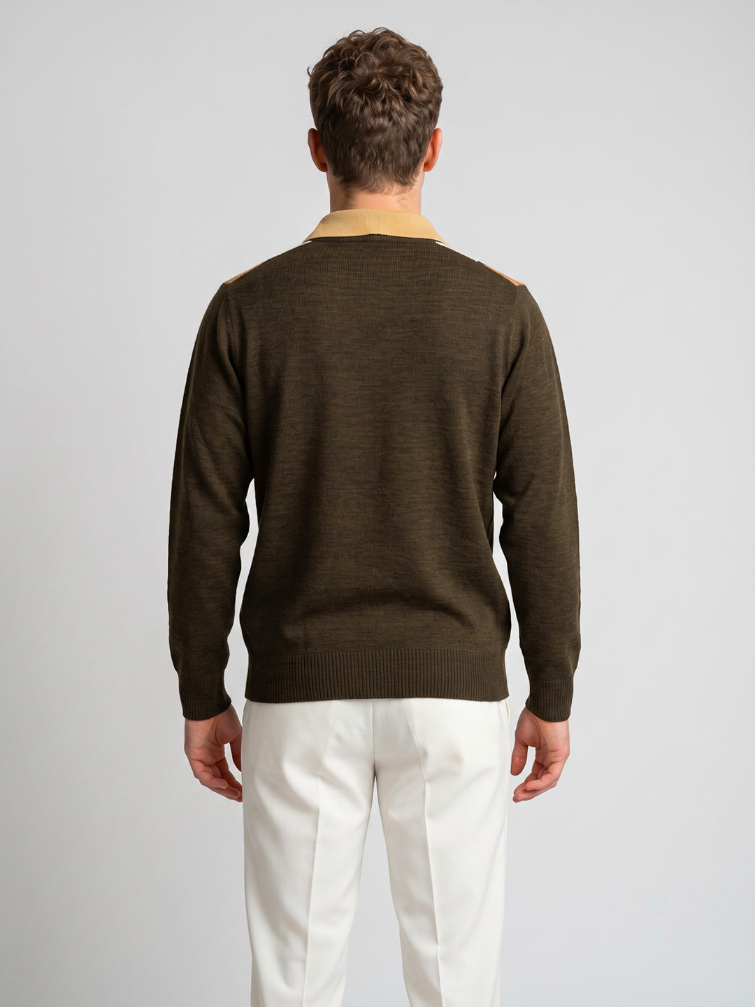 Men Brown Self Design V Neck Full Sleeve Pullover