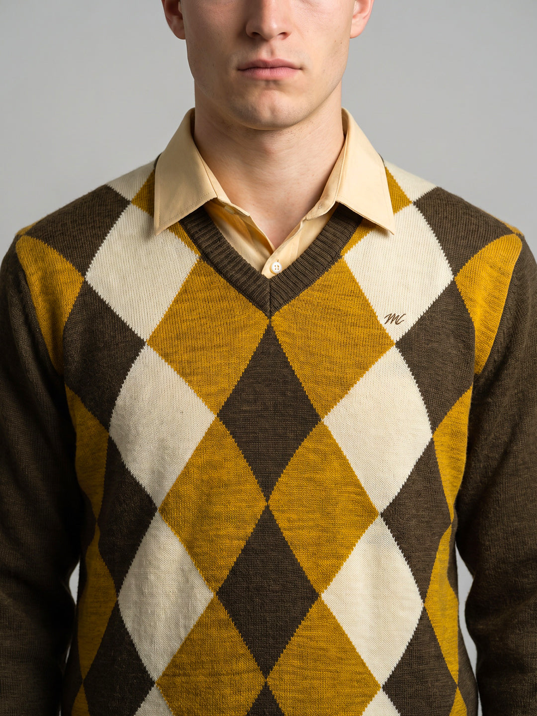 Men Brown Self Design V Neck Full Sleeve Pullover
