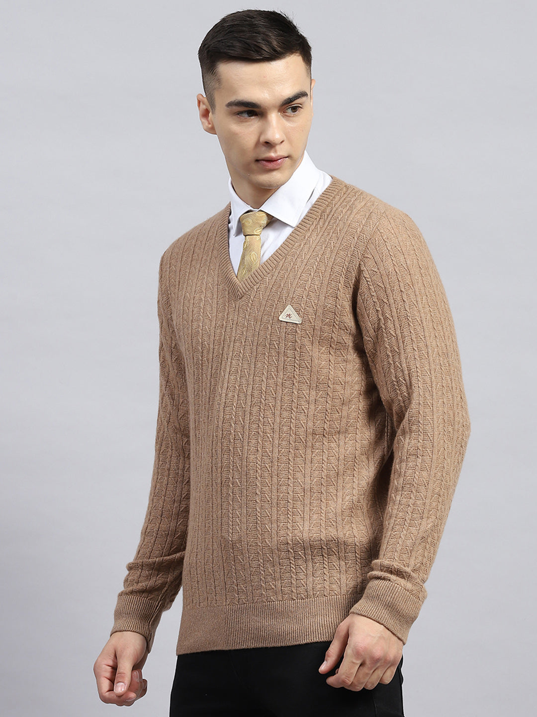 Men Beige Self Design V Neck Full Sleeve Pullover