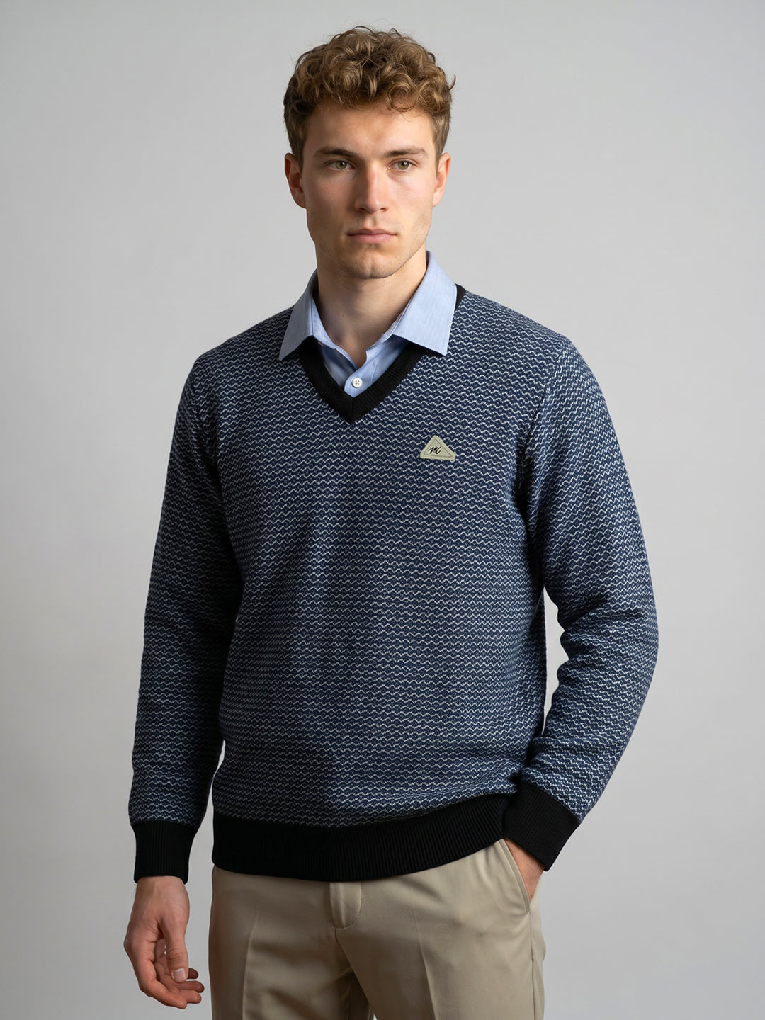 Men Navy Blue Jacquard V Neck Full Sleeve Pullover