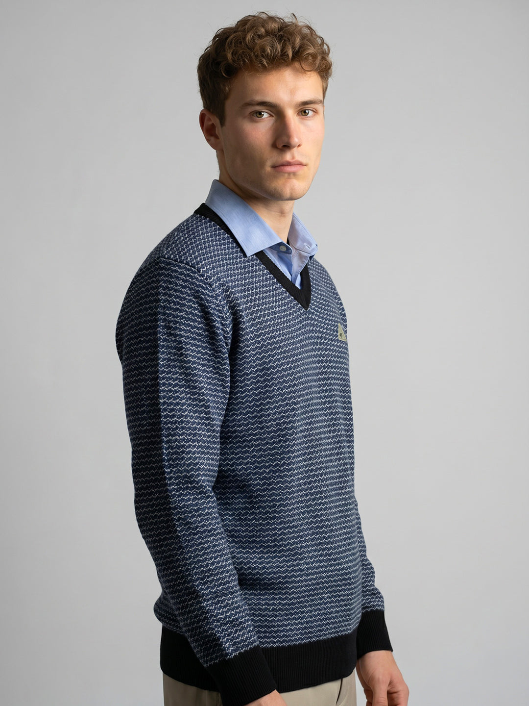Men Navy Blue Jacquard V Neck Full Sleeve Pullover