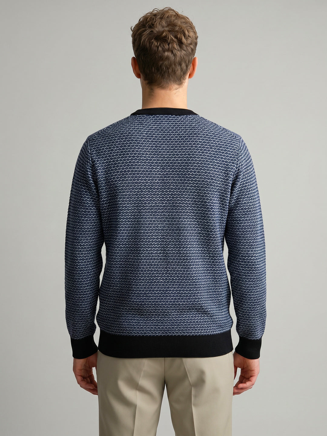 Men Navy Blue Jacquard V Neck Full Sleeve Pullover