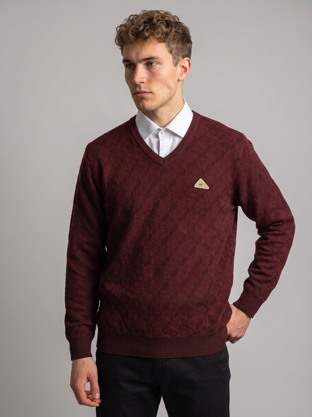 Men Maroon Jacquard V Neck Full Sleeve Pullover