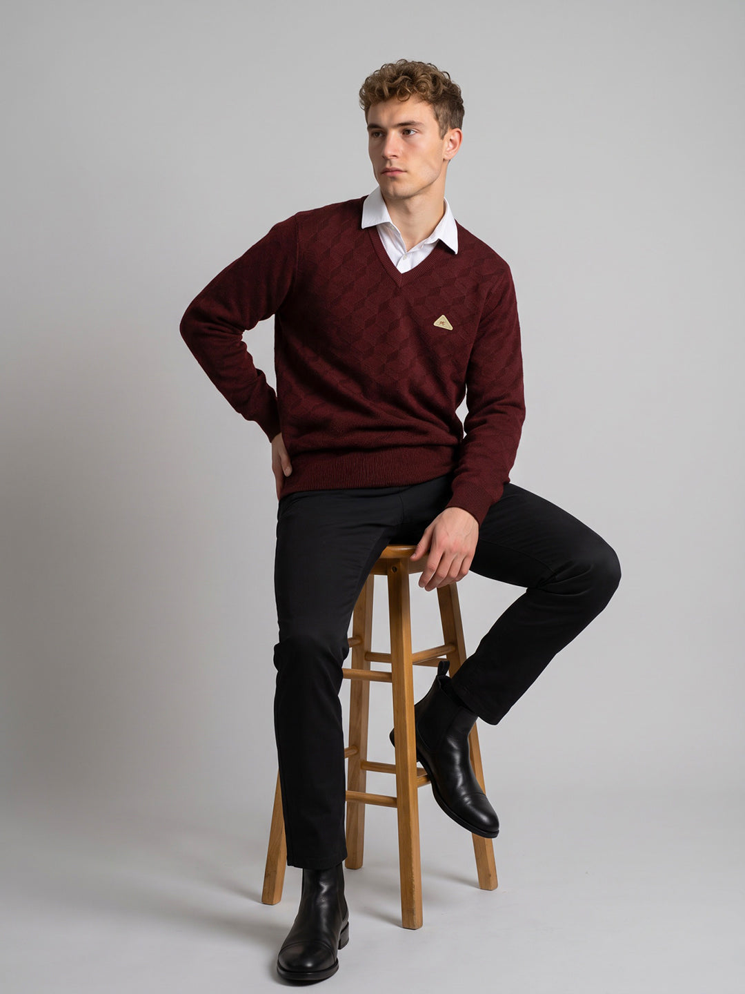 Men Maroon Jacquard V Neck Full Sleeve Pullover