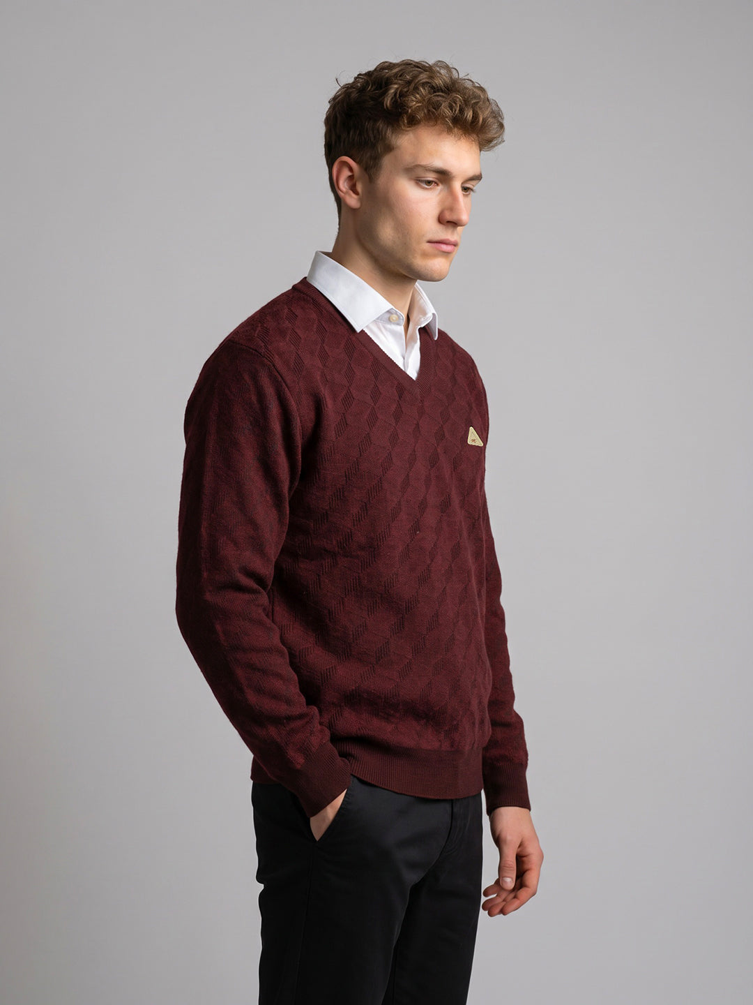 Men Maroon Jacquard V Neck Full Sleeve Pullover