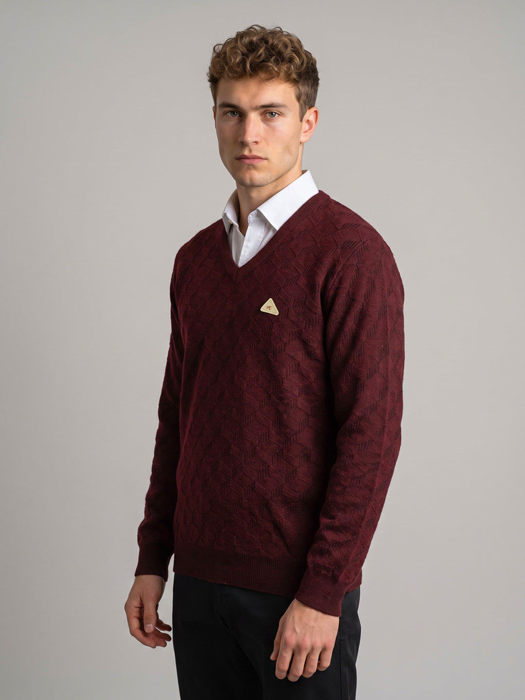 Men Maroon Jacquard V Neck Full Sleeve Pullover