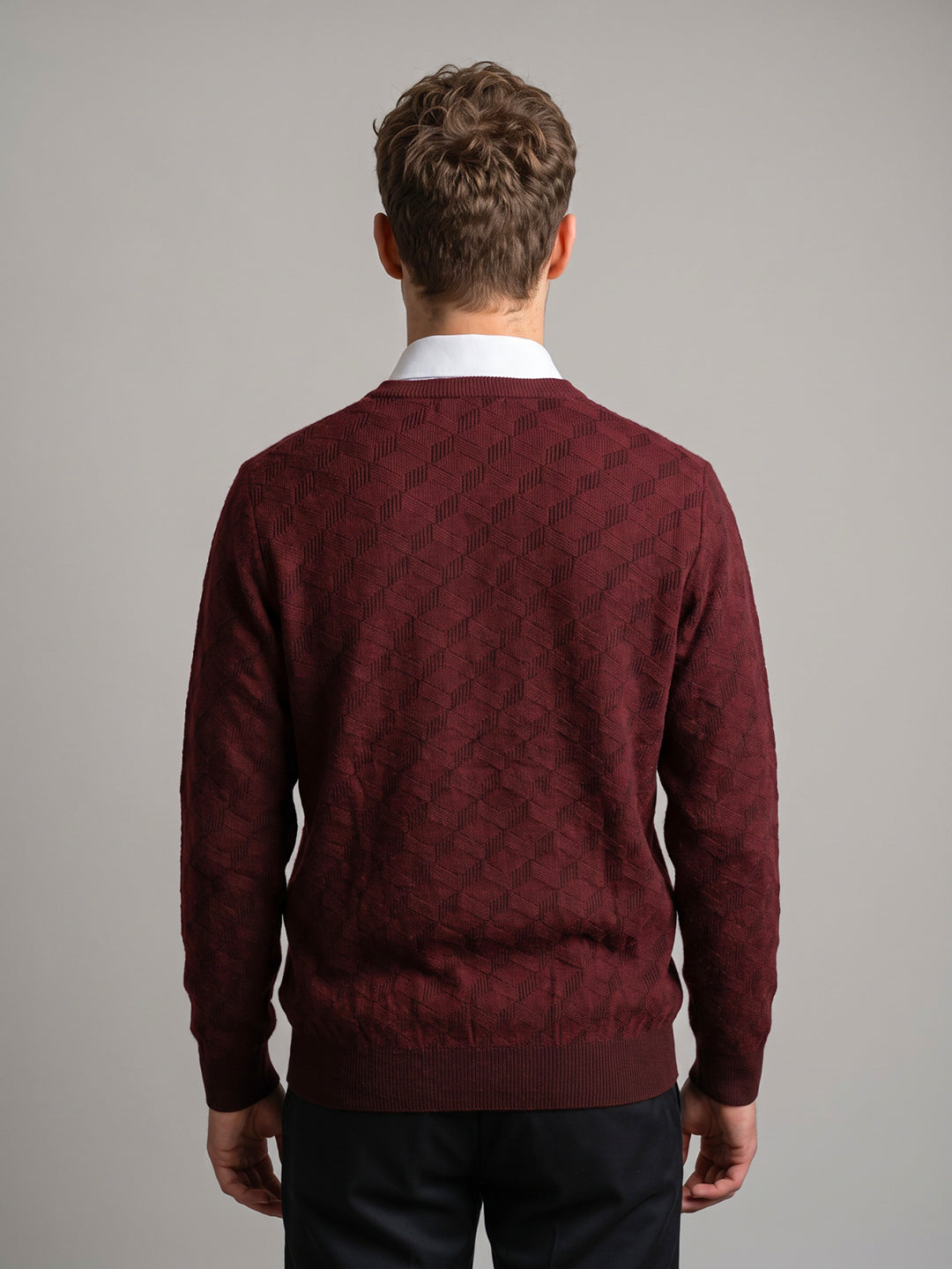 Men Maroon Jacquard V Neck Full Sleeve Pullover