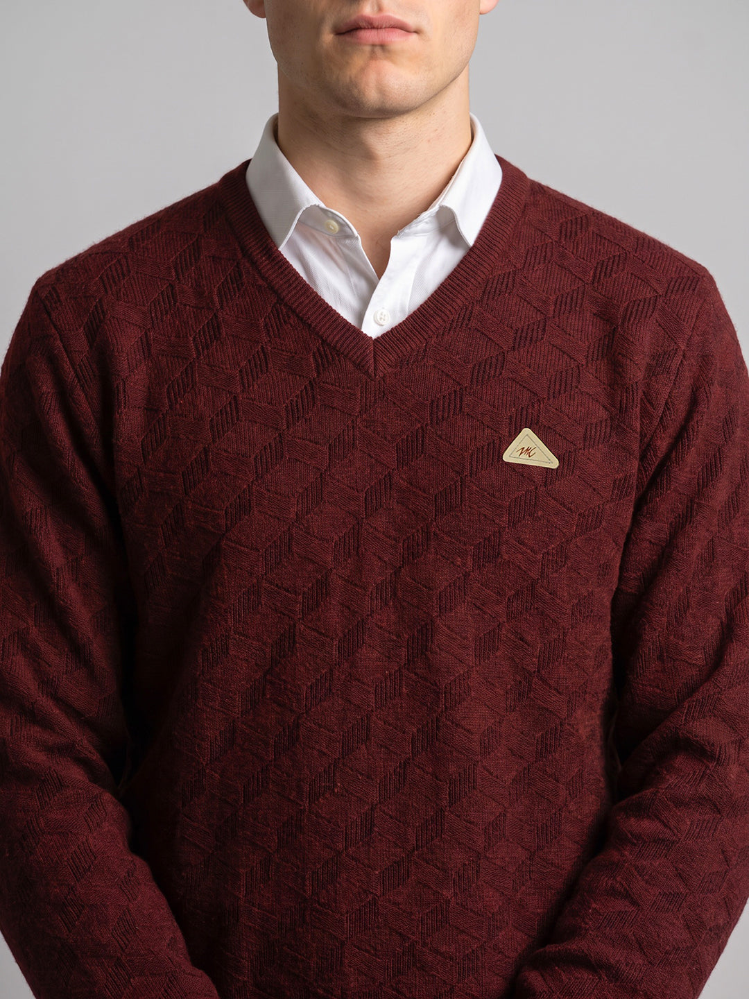 Men Maroon Jacquard V Neck Full Sleeve Pullover