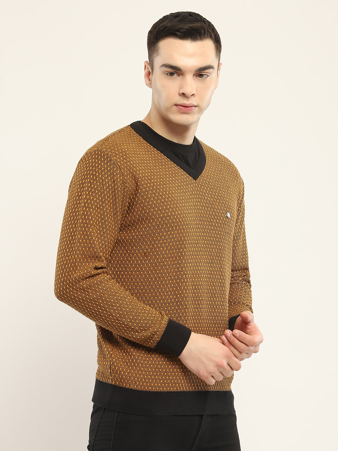Men Camel Brown Self Design V Neck Full Sleeve Pullover